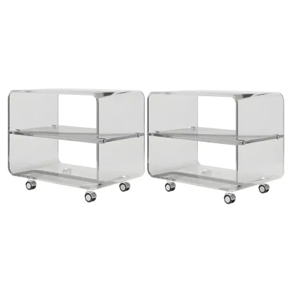 Modish Acrylic Bedside Table with Wheels and Open Shelves Image - 12