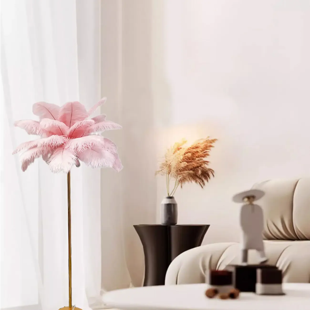 Stylish Feather Floor Lamp with Metal Base for Home Decor Image - 1