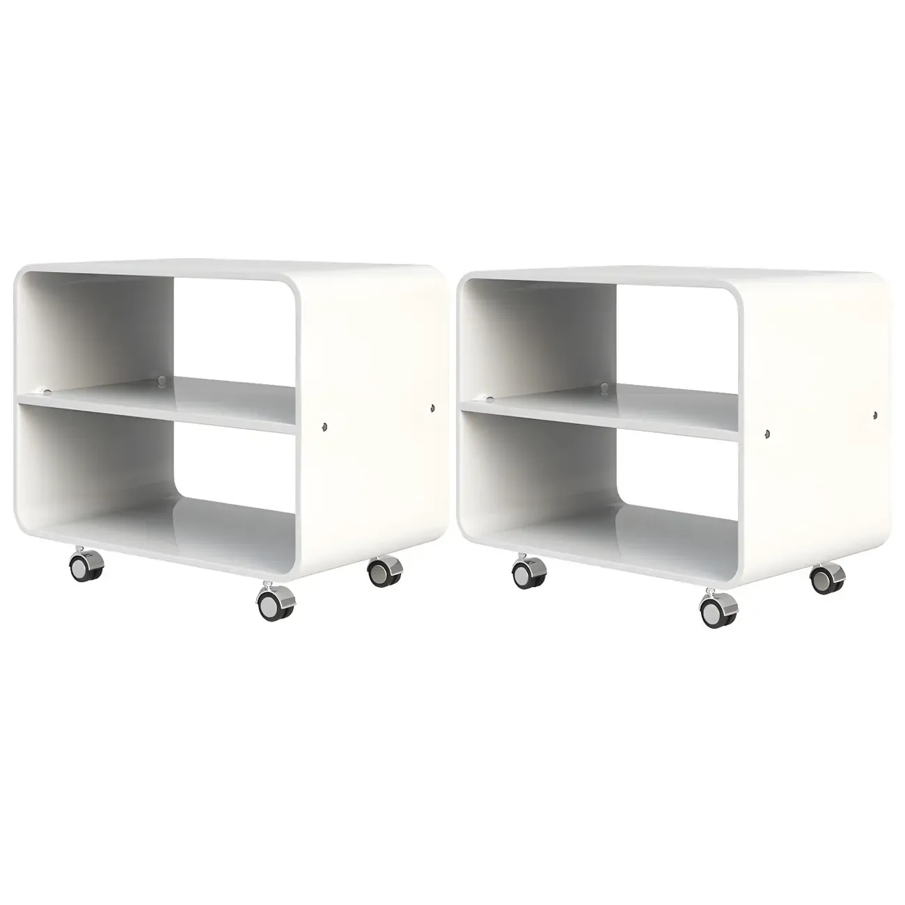 Modish Acrylic Bedside Table with Wheels and Open Shelves Image - 13
