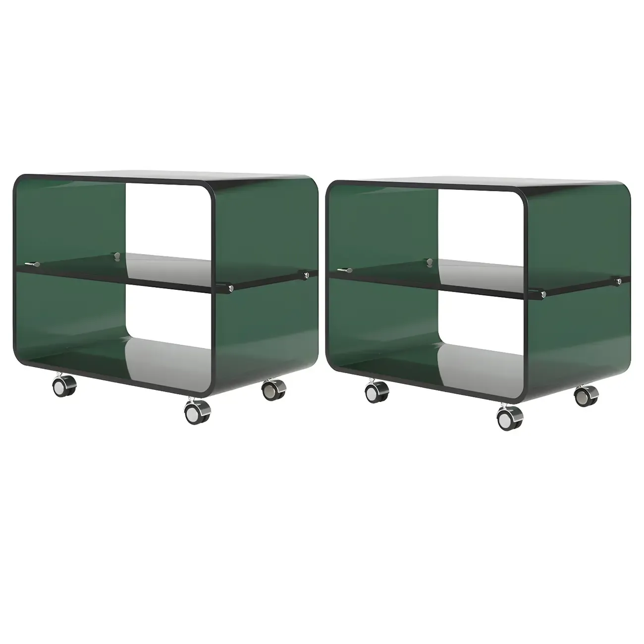 Modish Acrylic Bedside Table with Wheels and Open Shelves Image - 14