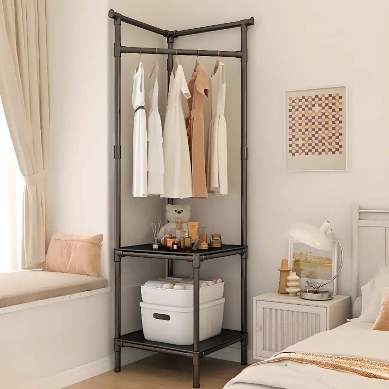 Modern Metal Corner Hall Tree with Shelves Image - 4