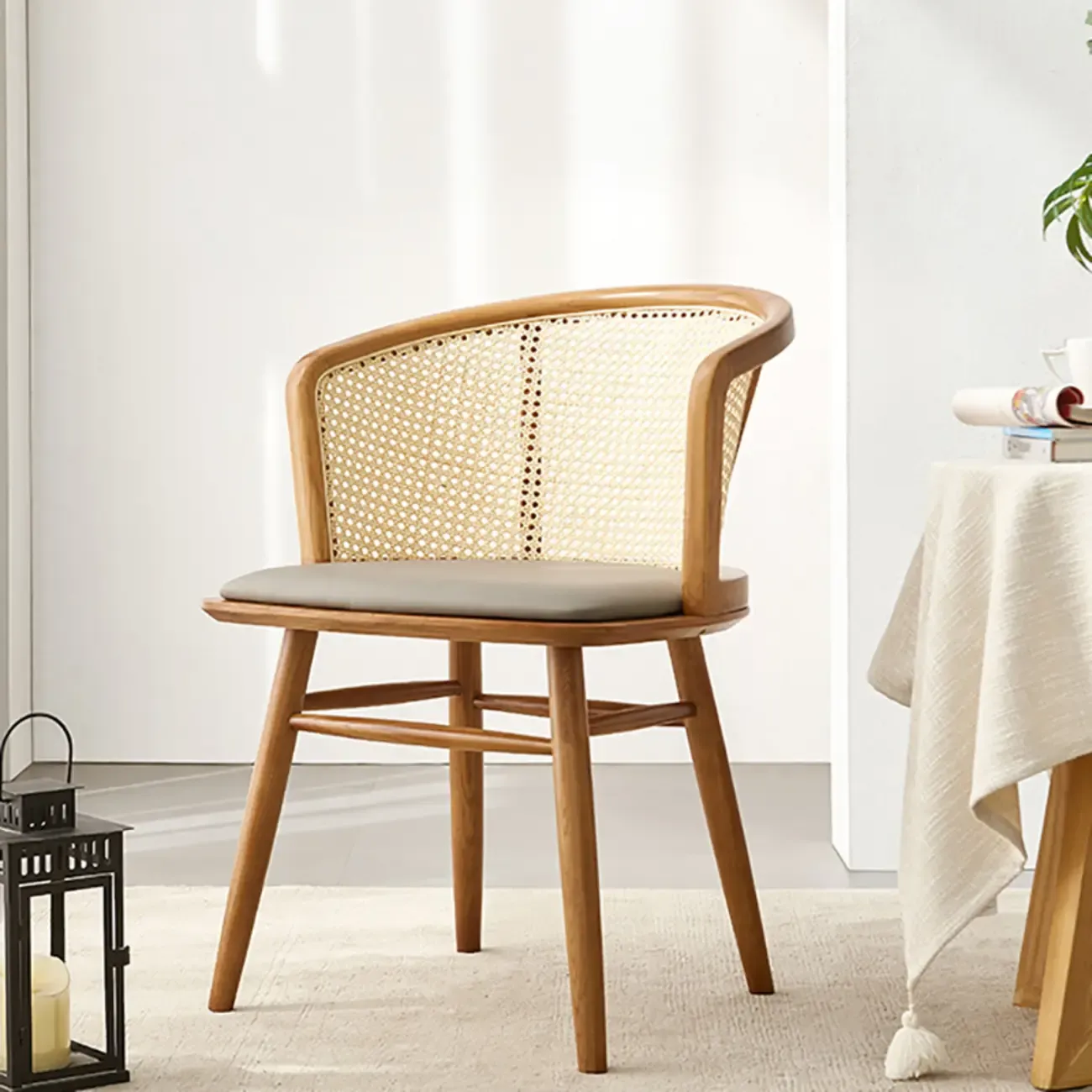 Natural Rattan Woven Back Curved Arm Wooden Dining Chair Image - 1