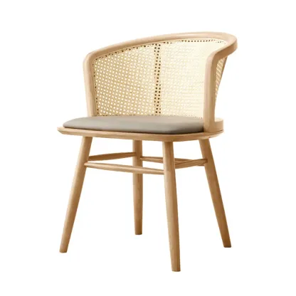 Natural Rattan Woven Back Curved Arm Wooden Dining Chair Image - 2