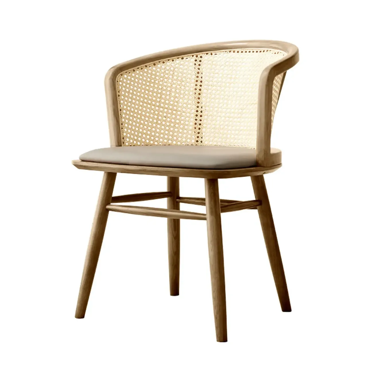 Natural Rattan Woven Back Curved Arm Wooden Dining Chair Image - 3