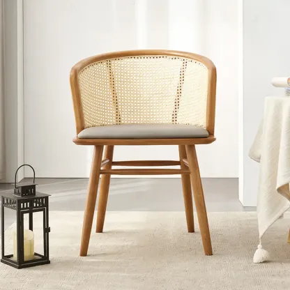 Natural Rattan Woven Back Curved Arm Wooden Dining Chair Image - 4