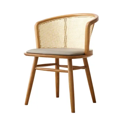 Natural Rattan Woven Back Curved Arm Wooden Dining Chair Image - 5