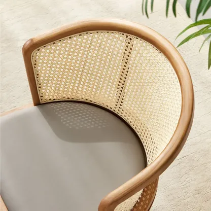 Natural Rattan Woven Back Curved Arm Wooden Dining Chair Image - 6