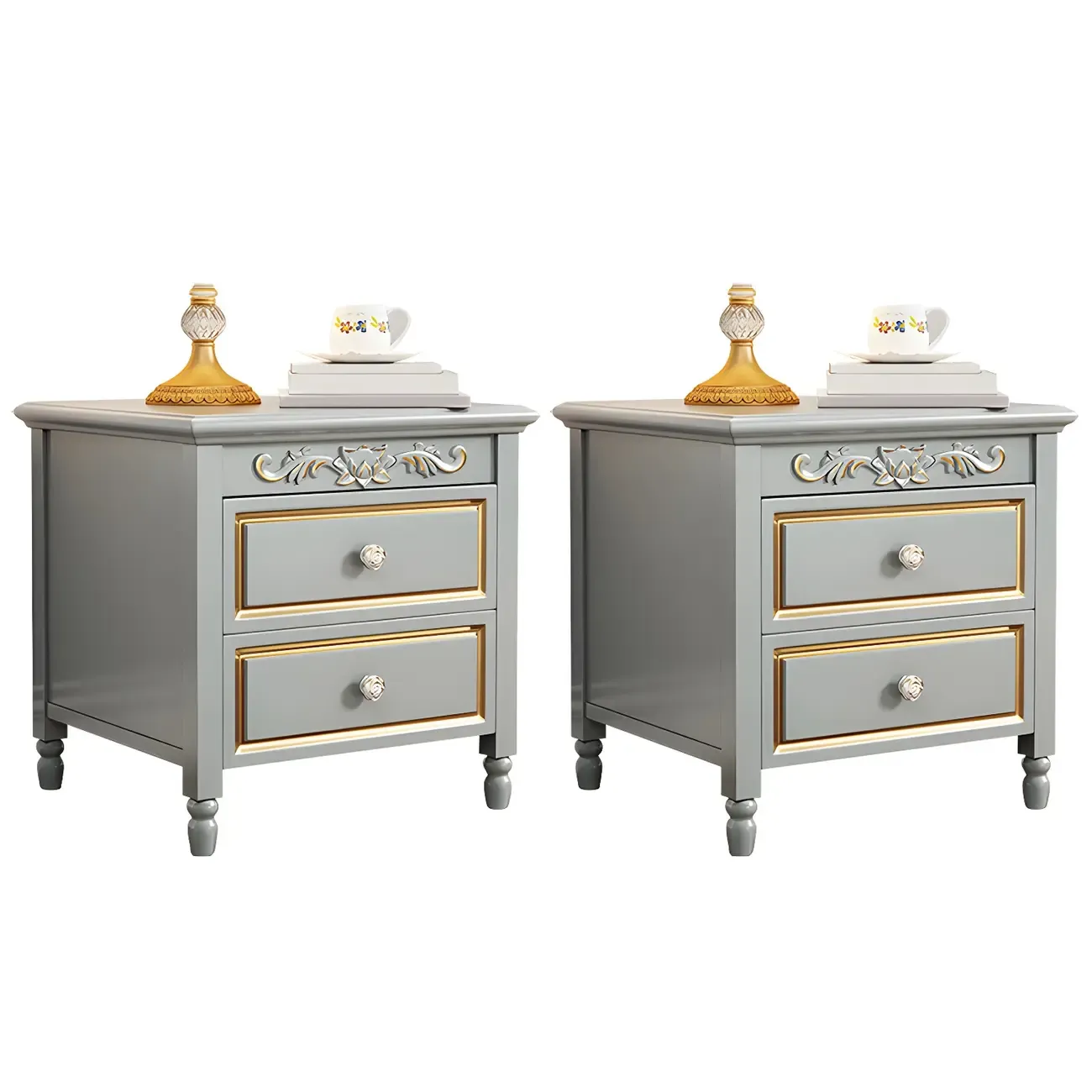 Elegant Grey Wood Nightstand with Storage Drawers Image - 2