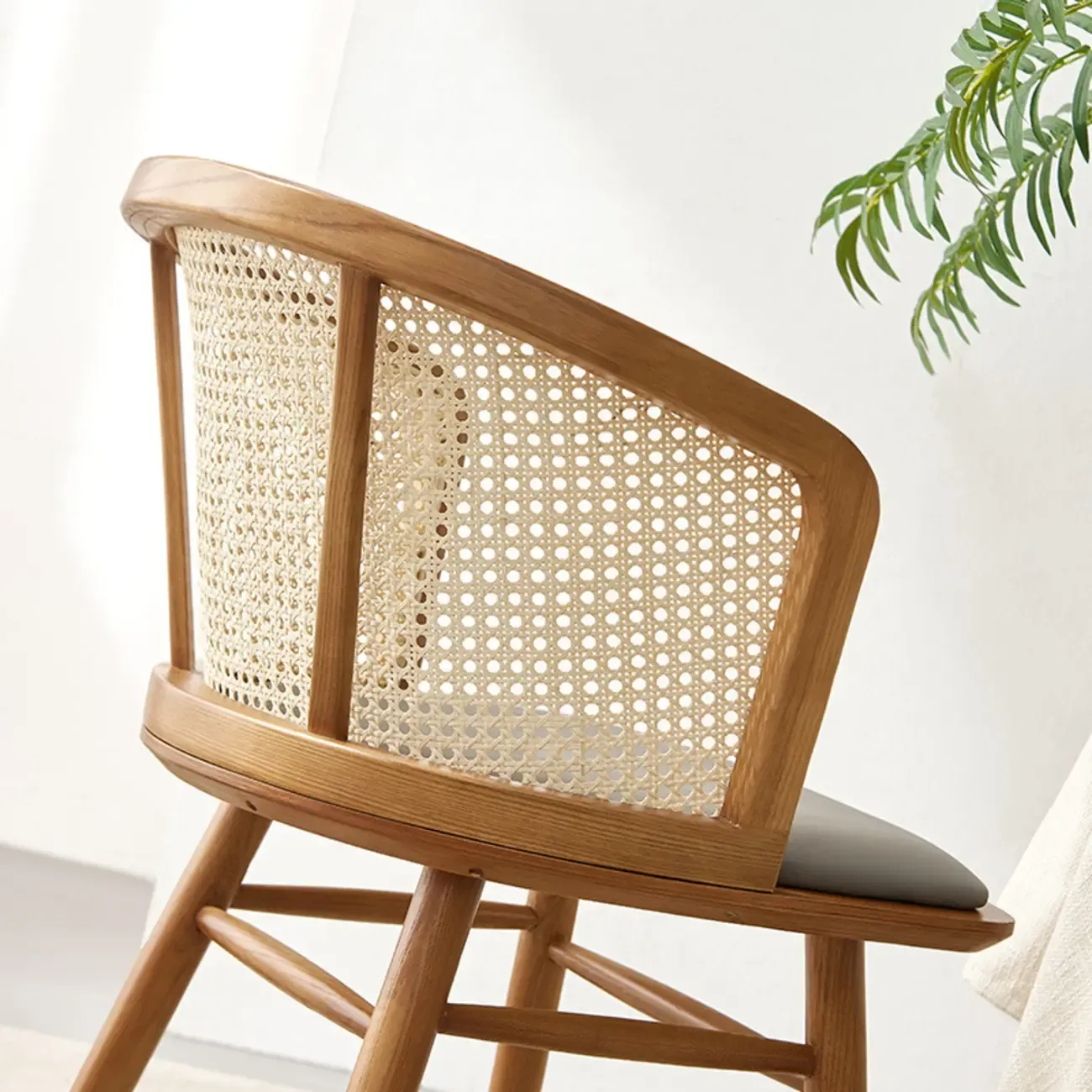 Natural Rattan Woven Back Curved Arm Wooden Dining Chair Image - 7