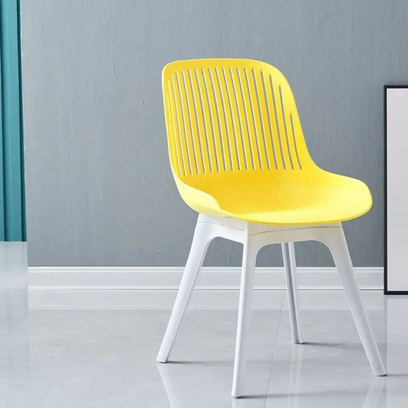 Modern Slat Back Plastic Dining Chair Armless with Metal Legs Image - 18