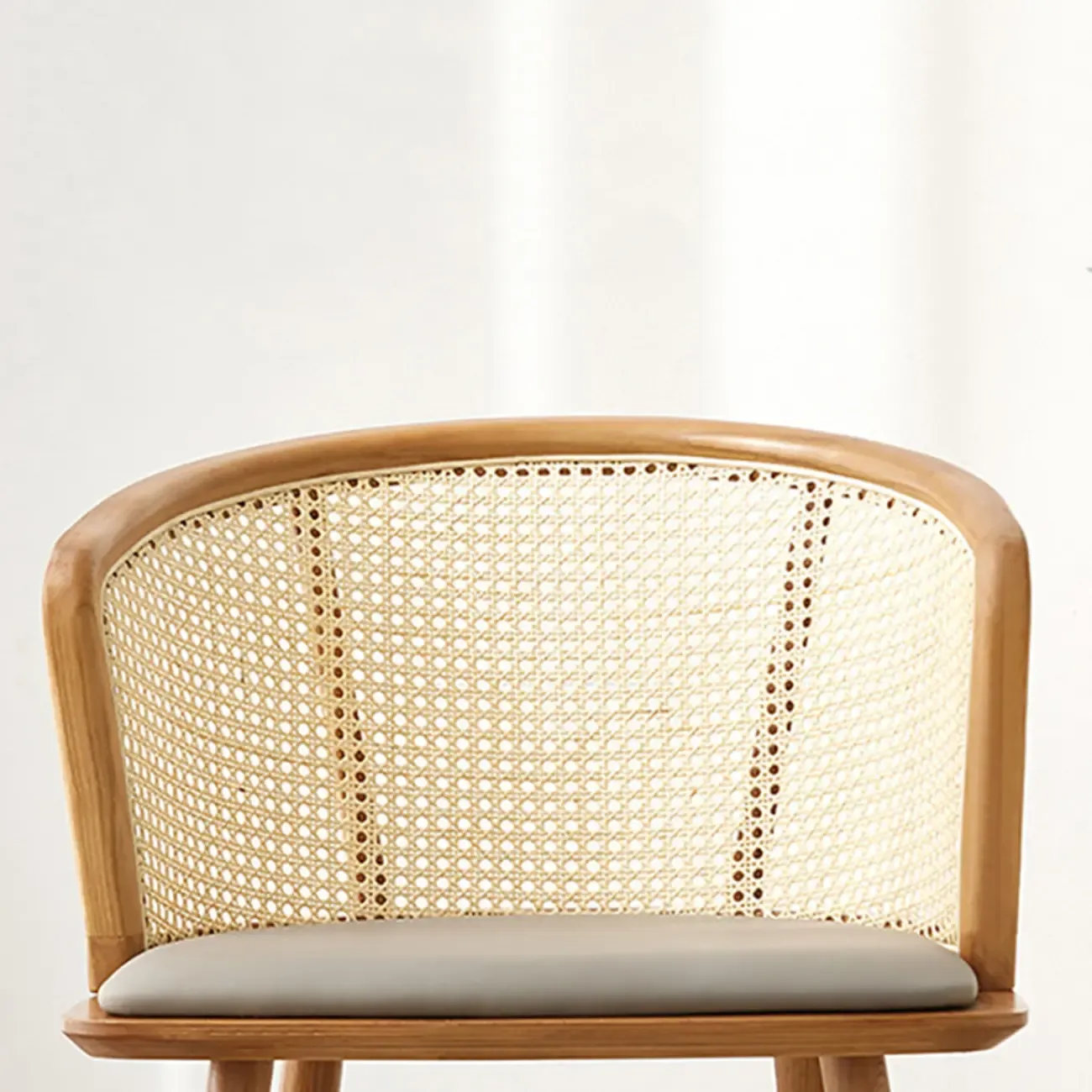 Natural Rattan Woven Back Curved Arm Wooden Dining Chair Image - 8