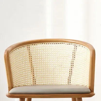 Natural Rattan Woven Back Curved Arm Wooden Dining Chair Image - 8