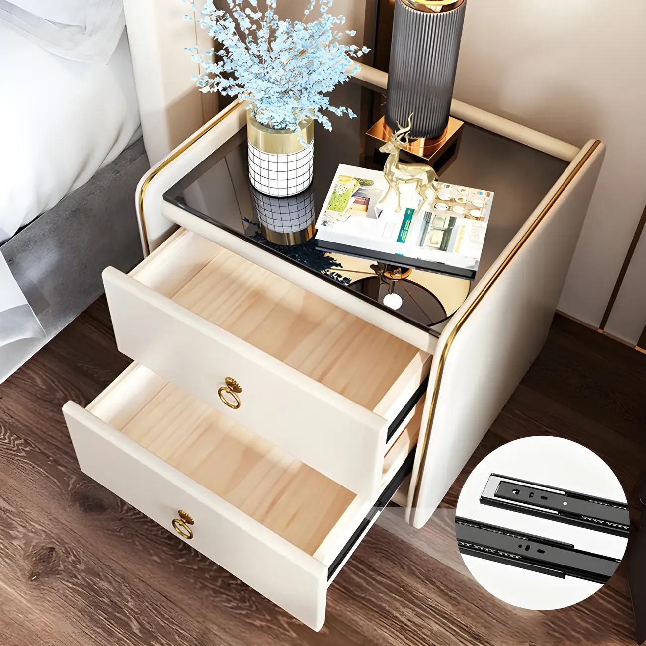 Modern White Wood Nightstand with Glass Top 2 Drawers Image - 7