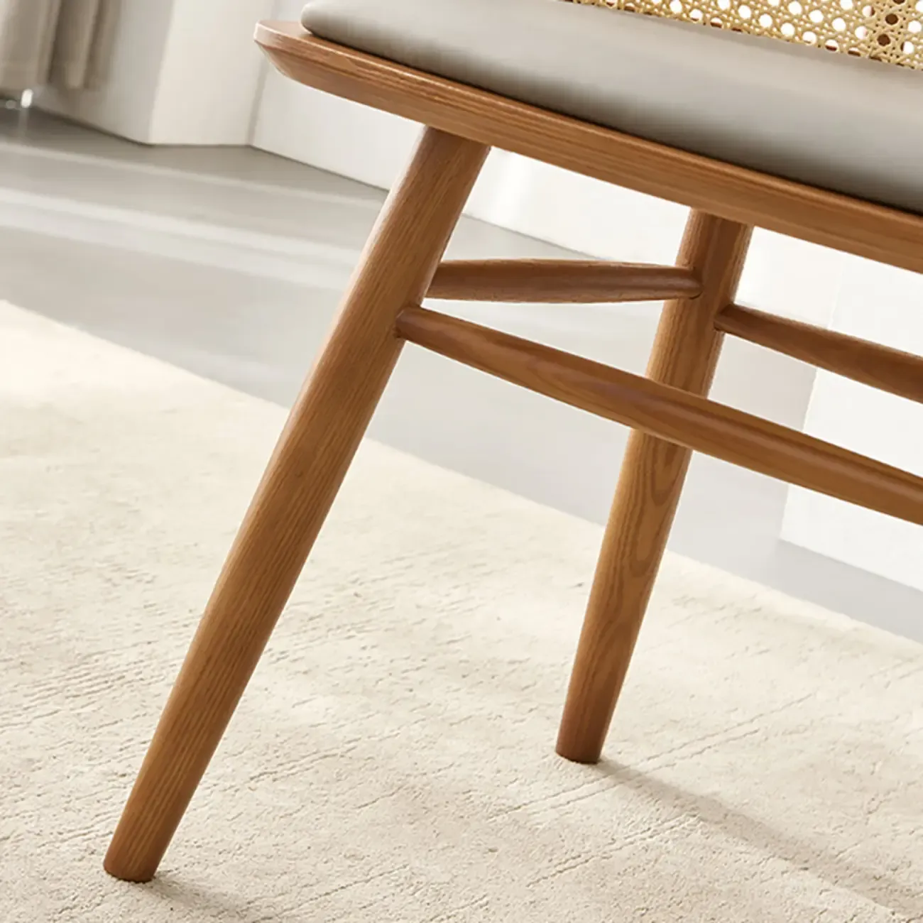Natural Rattan Woven Back Curved Arm Wooden Dining Chair Image - 10