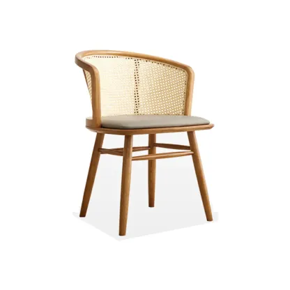 Natural Rattan Woven Back Curved Arm Wooden Dining Chair Image - 11