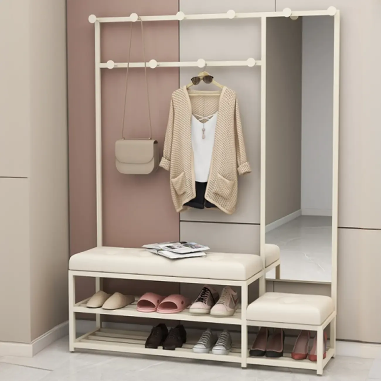 Modern White Wooden Hall Tree with Bench & Storage Image - 1