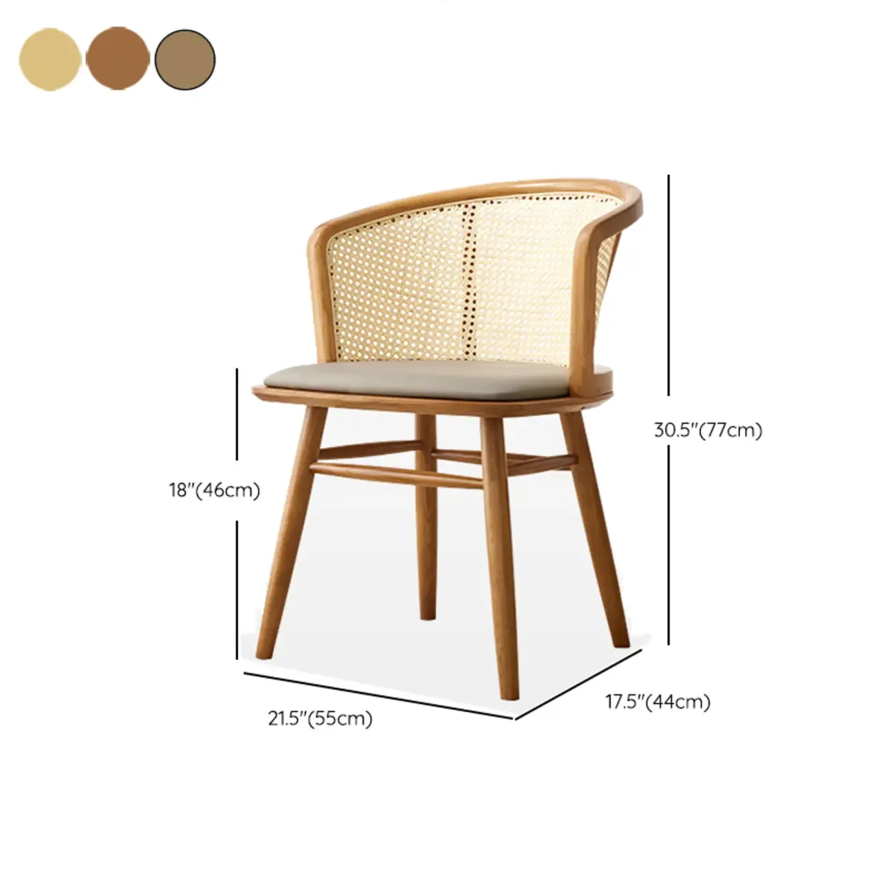 Natural Rattan Woven Back Curved Arm Wooden Dining Chair #size