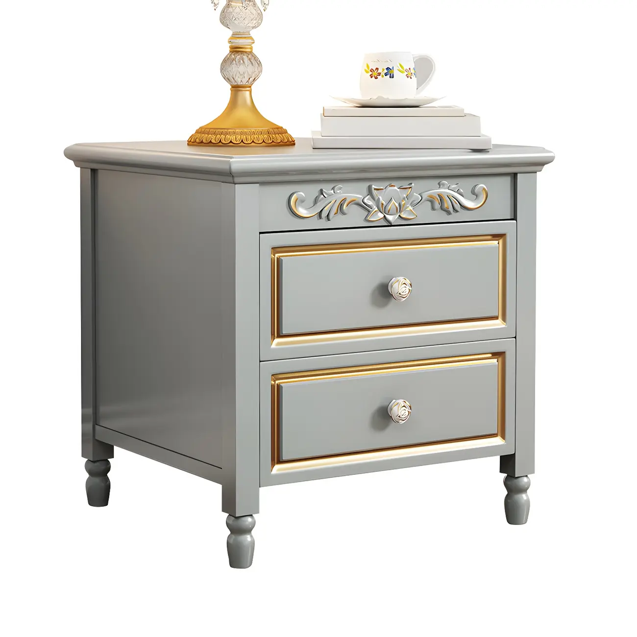 Elegant Grey Wood Nightstand with Storage Drawers Image - 8 | homeyfad