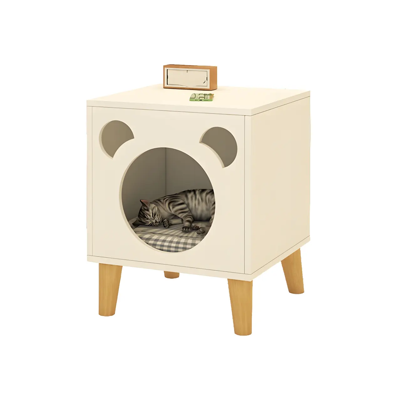 Modern Natural Wood Pet-Friendly Bedside Table with Bear Pattern Image - 5 | homeyfad