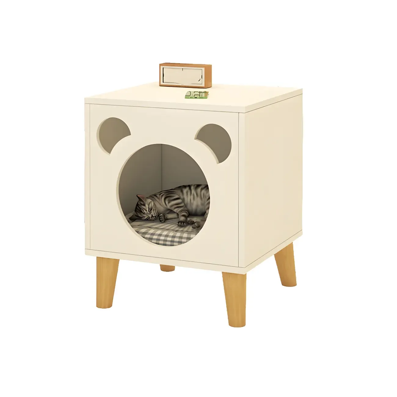 Modern Natural Wood Pet-Friendly Bedside Table with Bear Pattern Image - 5
