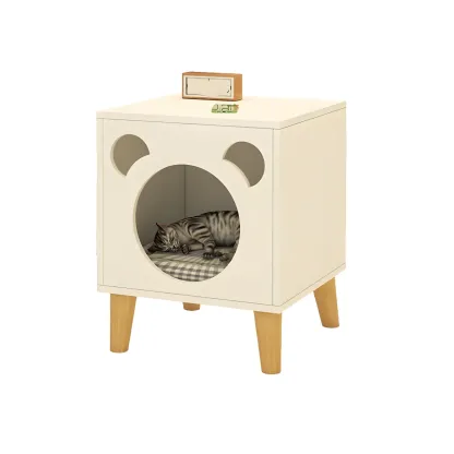 Modern Natural Wood Pet-Friendly Bedside Table with Bear Pattern Image - 5