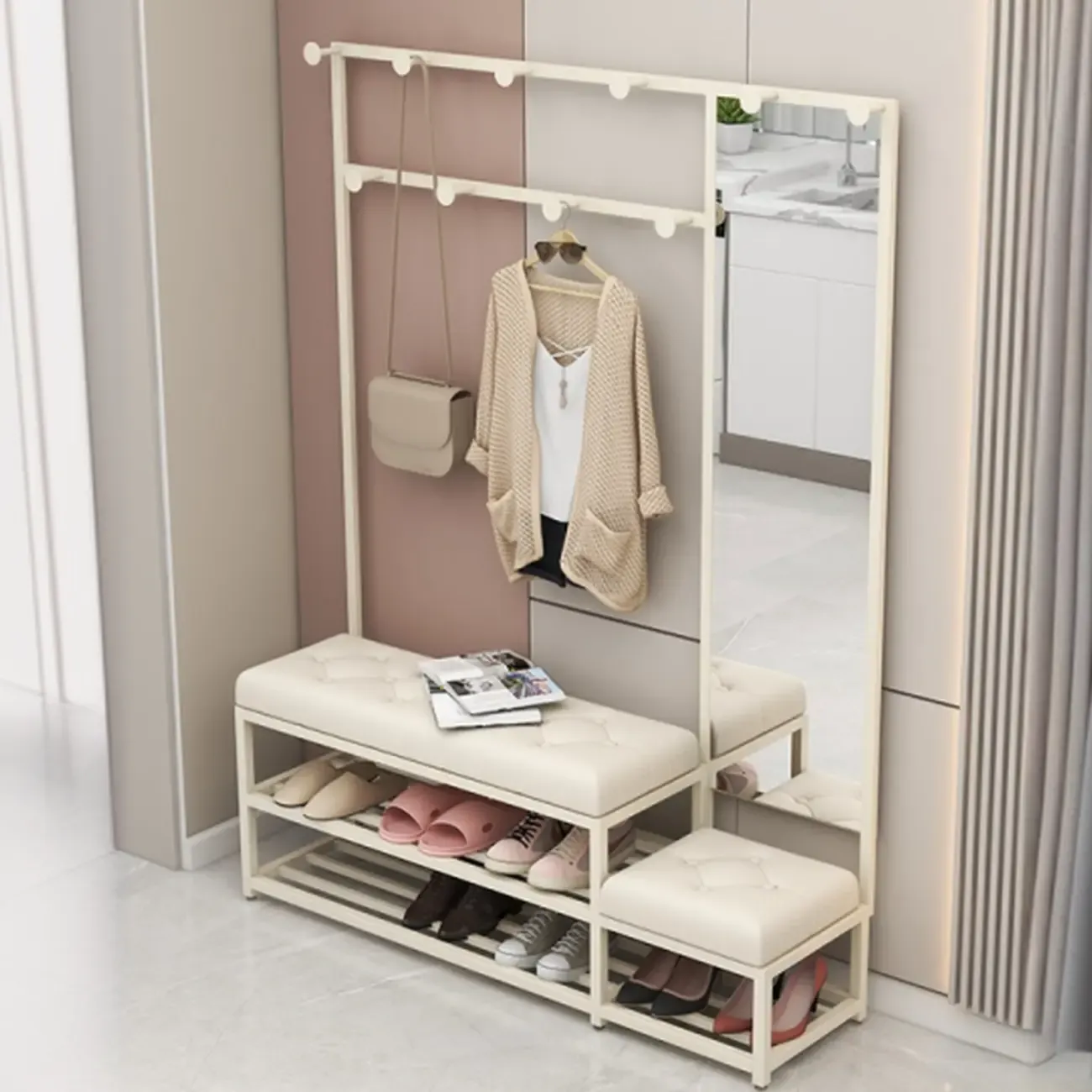 Modern White Wooden Hall Tree with Bench & Storage Image - 4