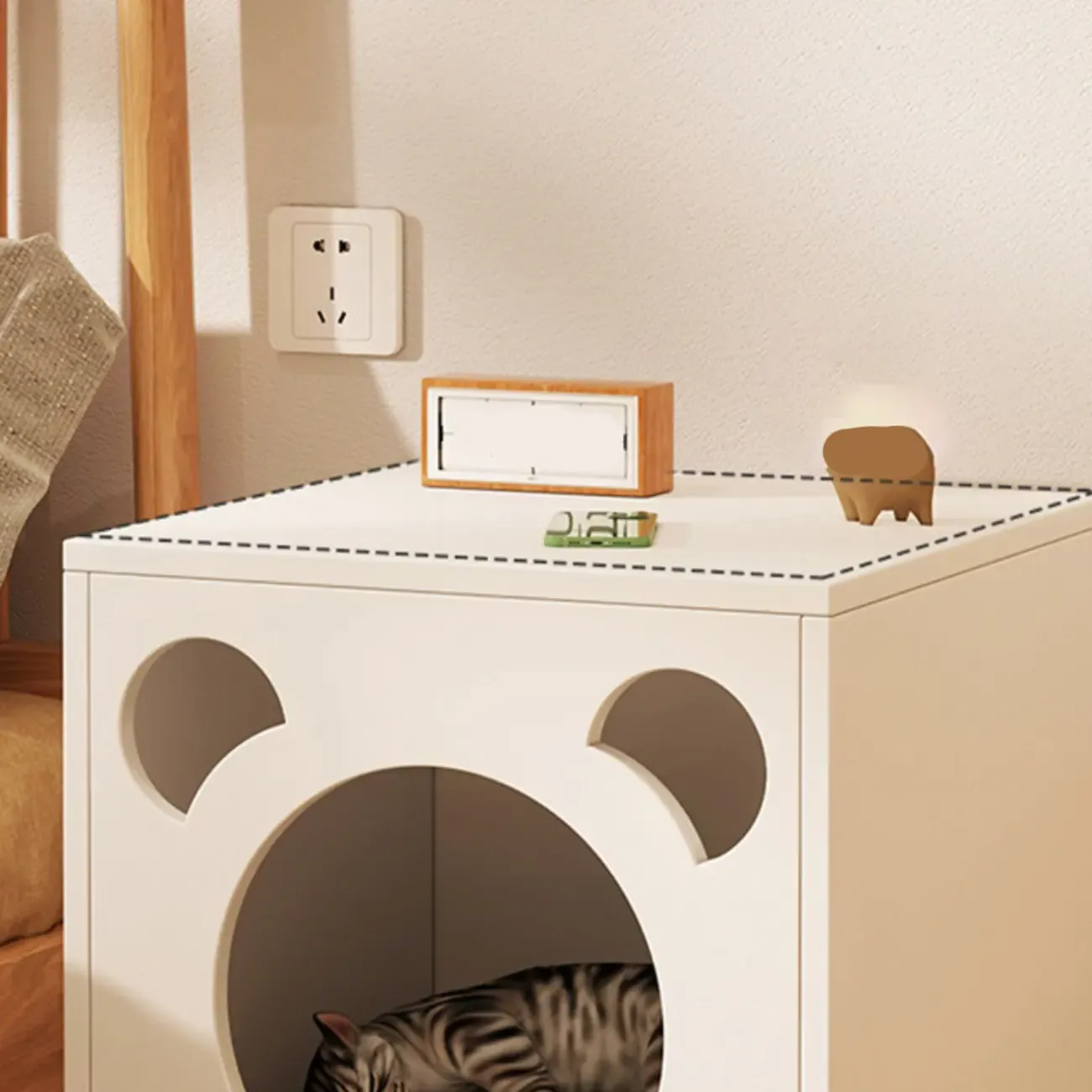 Modern Natural Wood Pet-Friendly Bedside Table with Bear Pattern Image - 6
