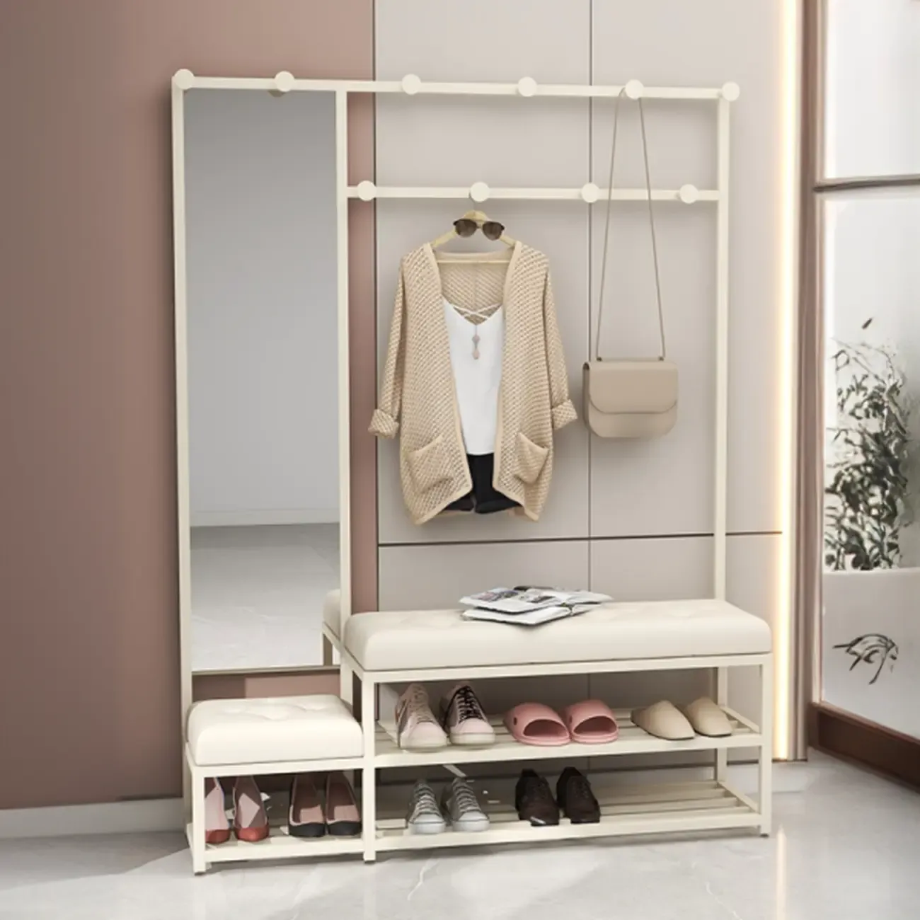 Modern White Wooden Hall Tree with Bench & Storage Image - 5