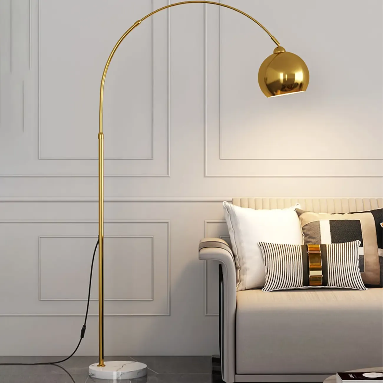 Gold Arc Floor Lamp with Marble Base and Adjustable Arm Image - 1