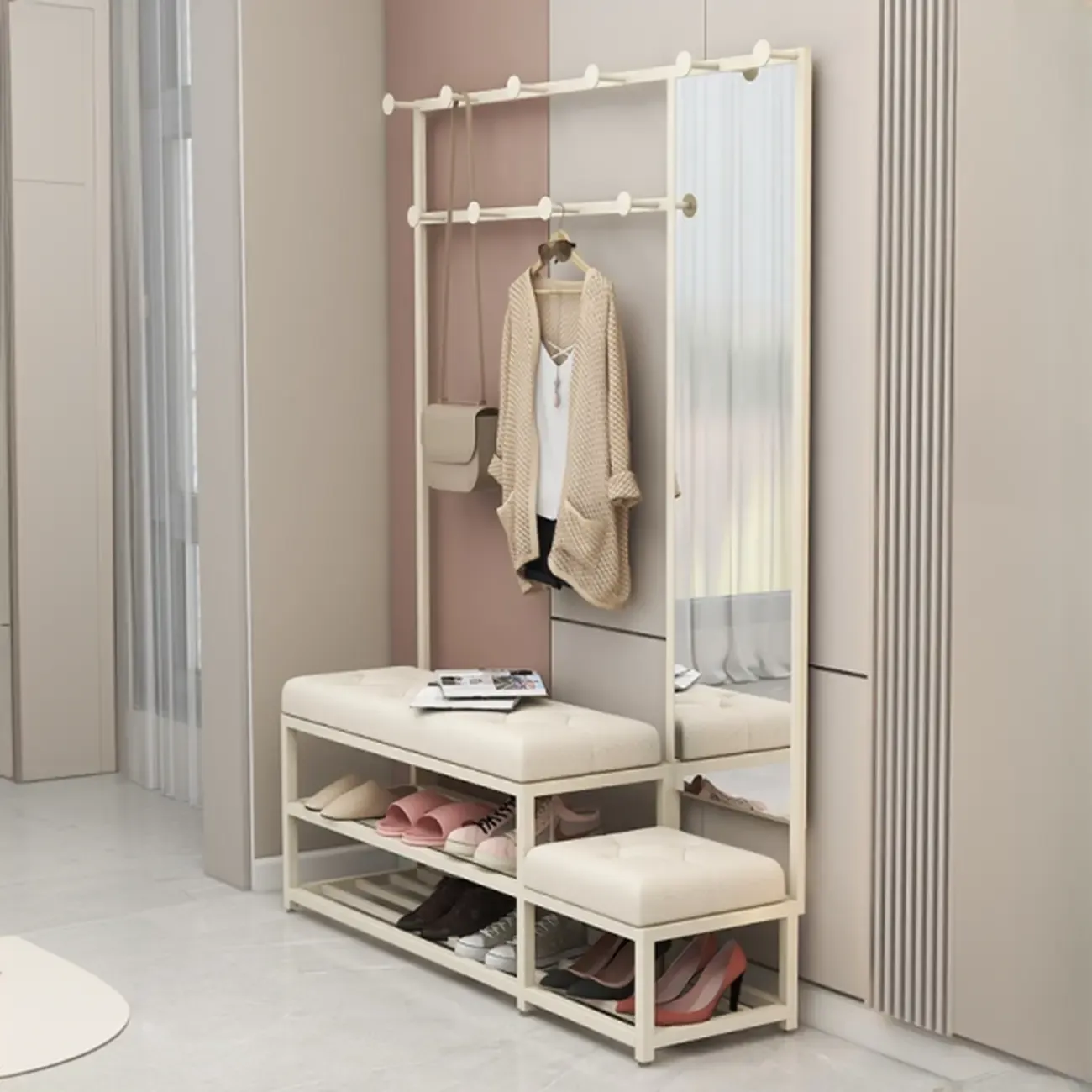 Modern White Wooden Hall Tree with Bench & Storage Image - 6