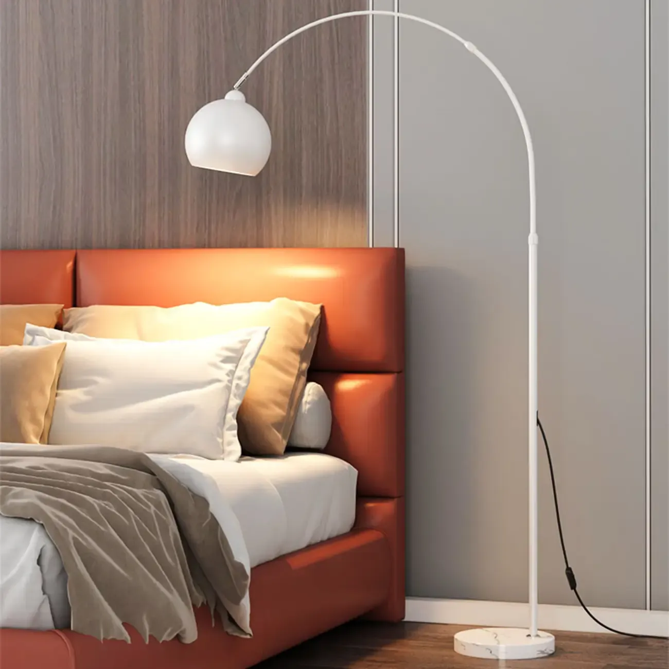 Gold Arc Floor Lamp with Marble Base and Adjustable Arm Image - 2