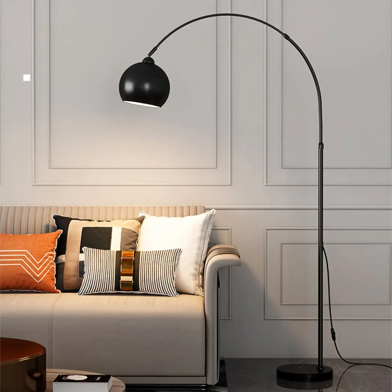 Gold Arc Floor Lamp with Marble Base and Adjustable Arm Image - 3
