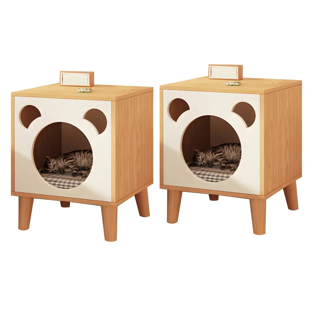 Modern Natural Wood Pet-Friendly Bedside Table with Bear Pattern Image - 10
