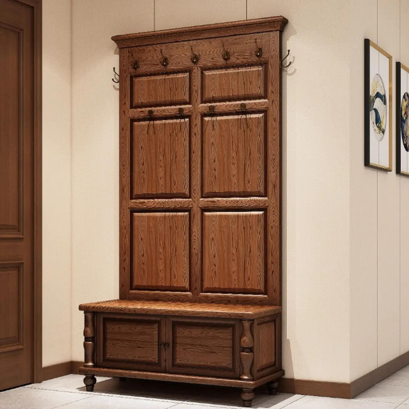 Rustic Wooden Hall Tree with Storage Bench Image - 2 | homeyfad