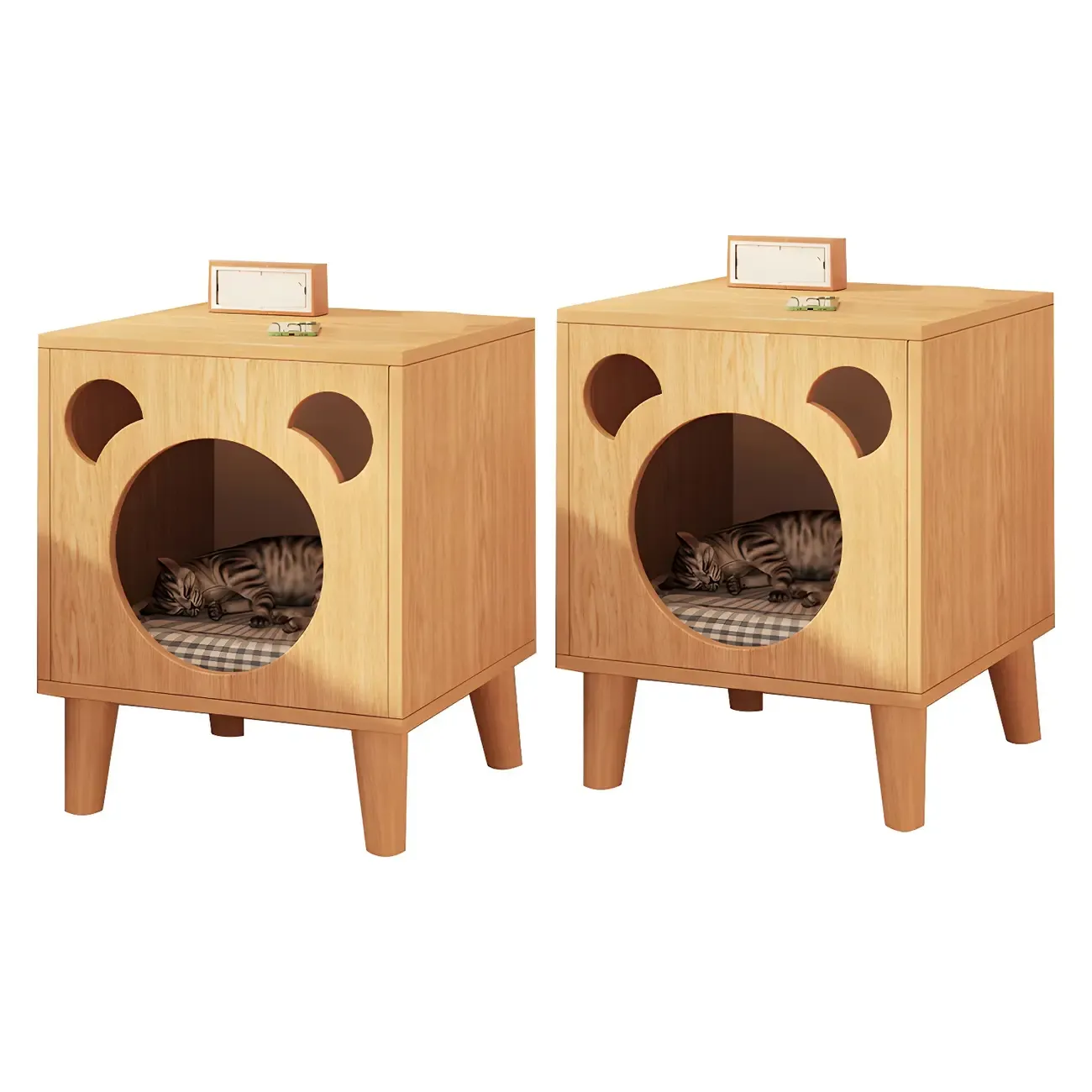 Modern Natural Wood Pet-Friendly Bedside Table with Bear Pattern Image - 11
