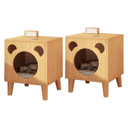Modern Natural Wood Pet-Friendly Bedside Table with Bear Pattern Image - 11