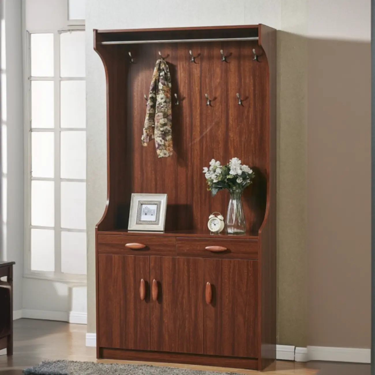 Modern Wooden Coat Rack with Cabinets and Hooks Image - 1 | homeyfad