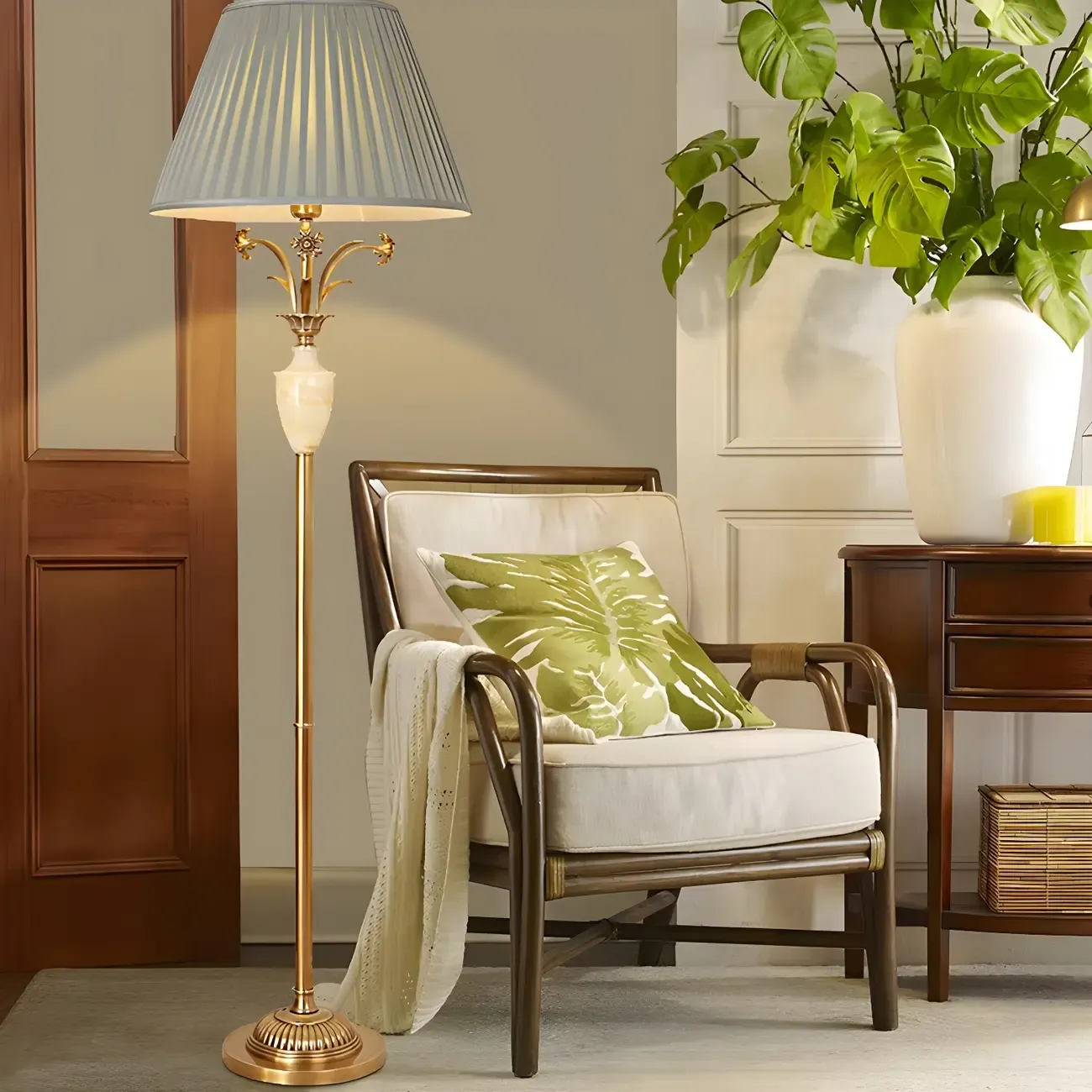 Retro Green Metal Floor Lamp with Brass and Marble Base for Living Room Image - 1