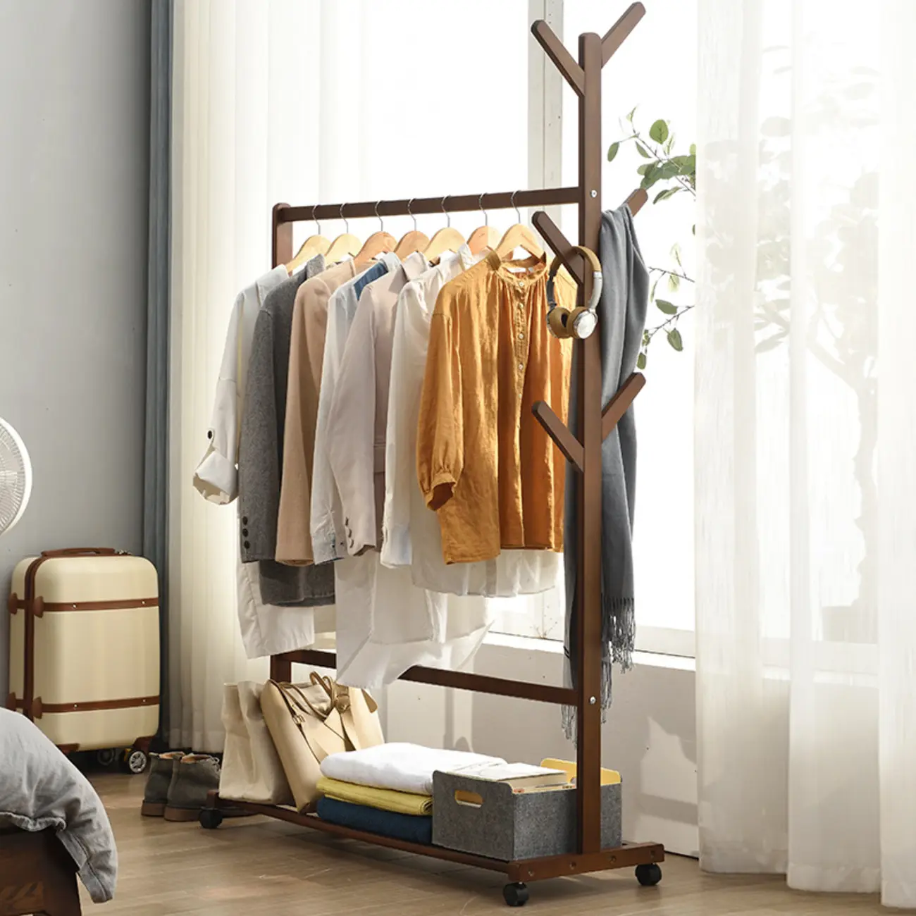 Scandinavian Pine Wood Coat Rack with Storage Image - 1 | homeyfad