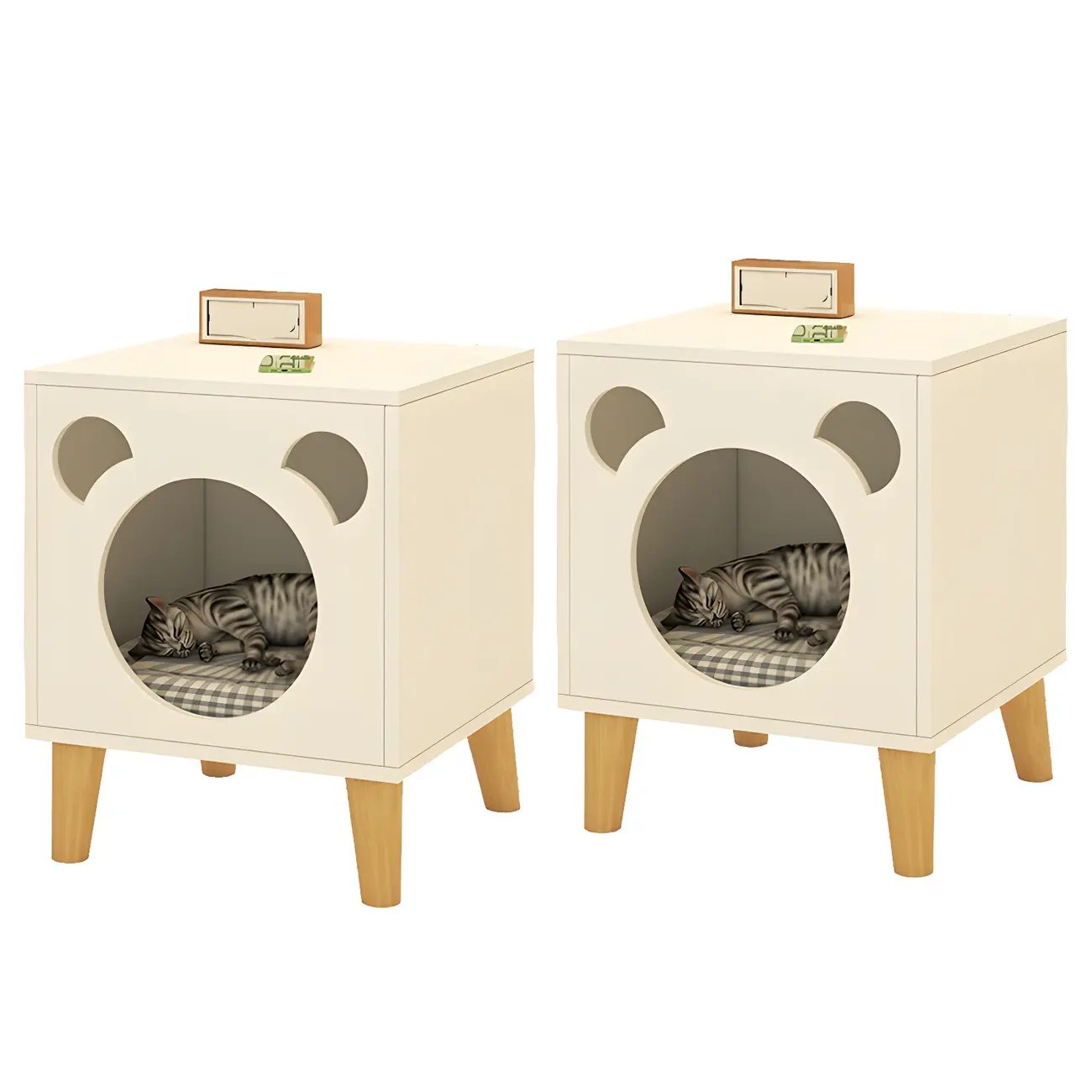 Modern Natural Wood Pet-Friendly Bedside Table with Bear Pattern Image - 12 | homeyfad