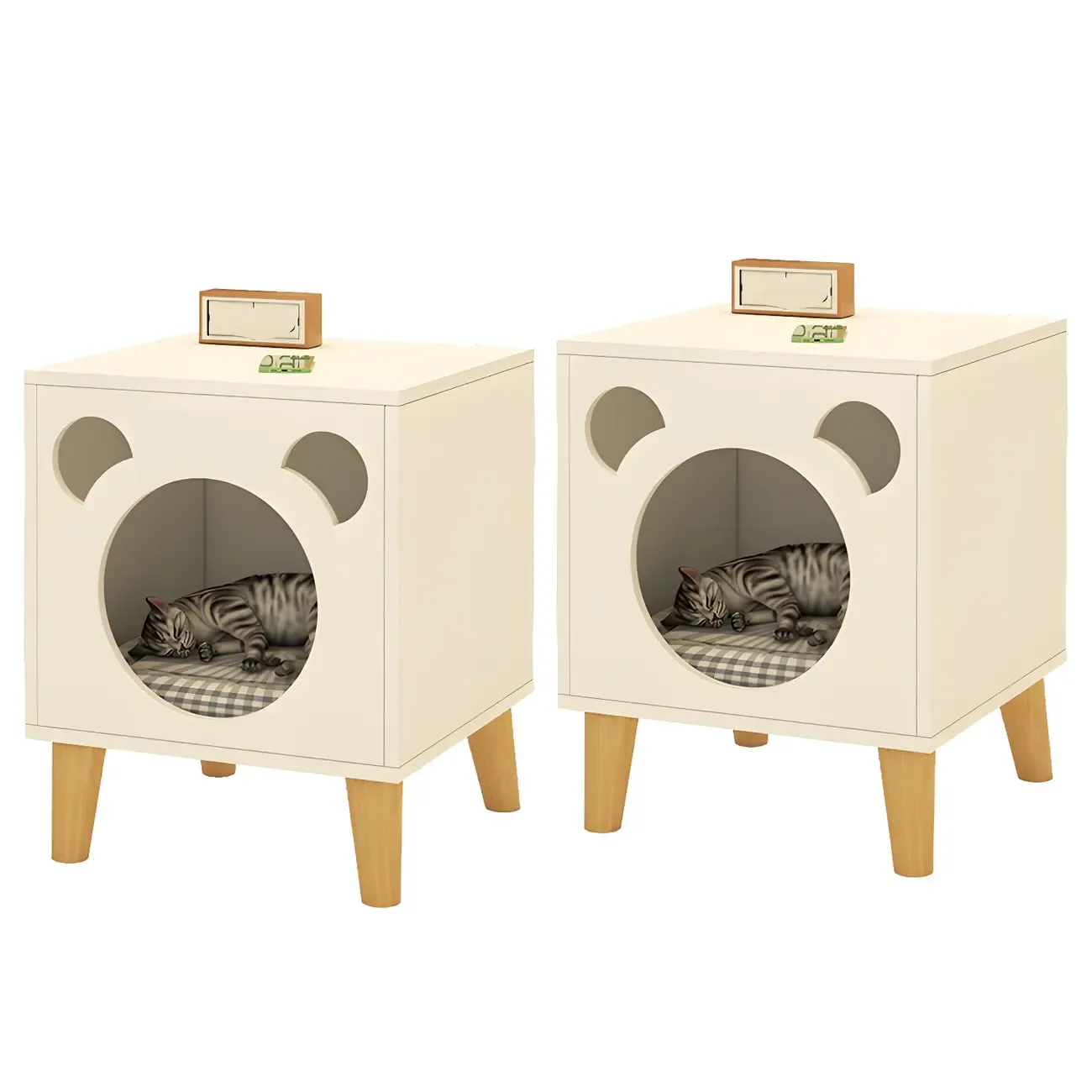 Modern Natural Wood Pet-Friendly Bedside Table with Bear Pattern Image - 12
