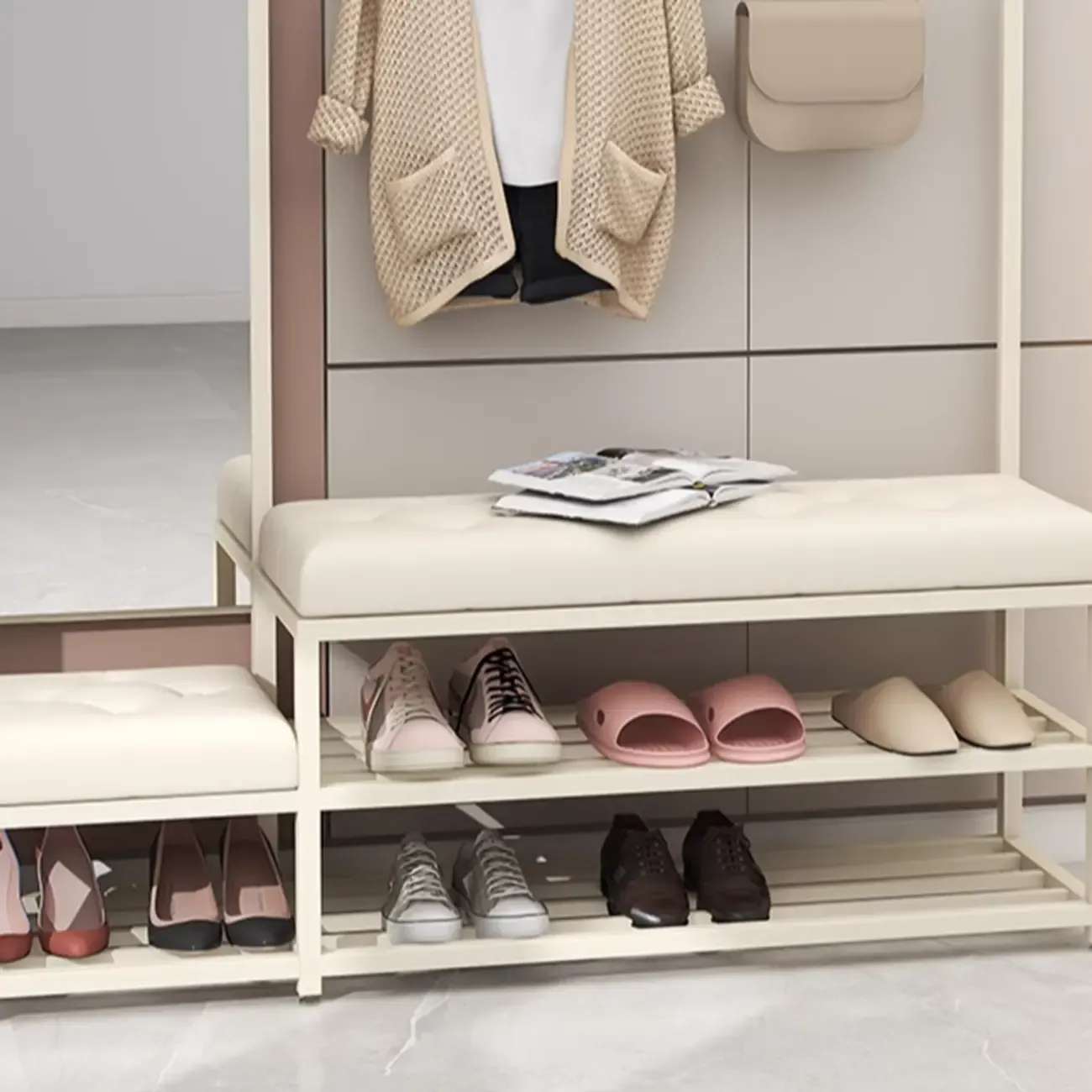 Modern White Wooden Hall Tree with Bench & Storage Image - 9