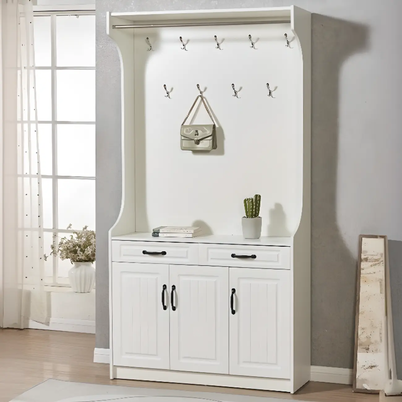 Modern Wooden Coat Rack with Cabinets and Hooks Image - 2 | homeyfad