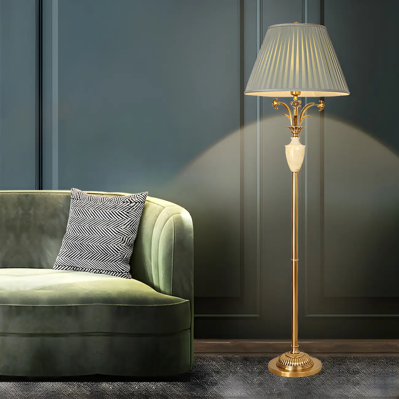 Retro Green Metal Floor Lamp with Brass and Marble Base for Living Room Image - 2 | homeyfad