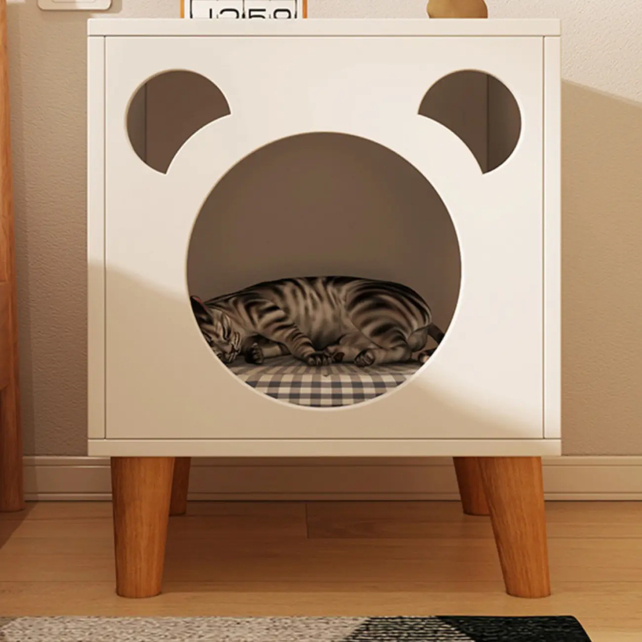 Modern Natural Wood Pet-Friendly Bedside Table with Bear Pattern Image - 13 | homeyfad