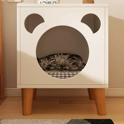 Modern Natural Wood Pet-Friendly Bedside Table with Bear Pattern Image - 13