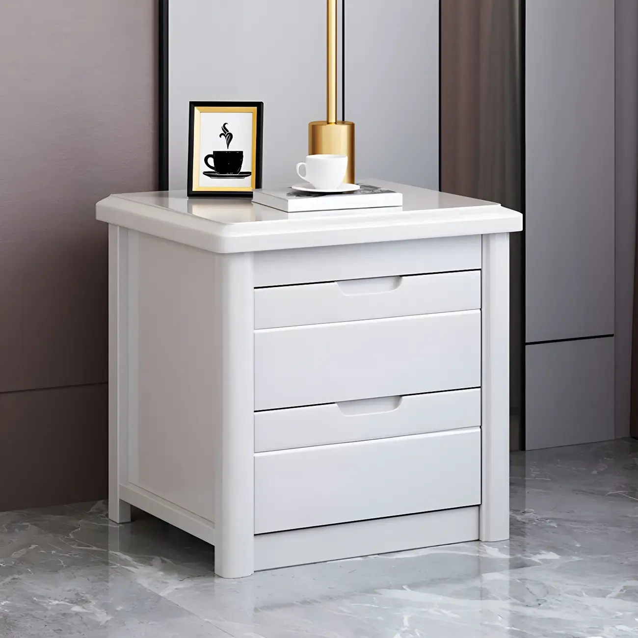 Modern White Wooden Nightstand with Storage Drawers Image - 1
