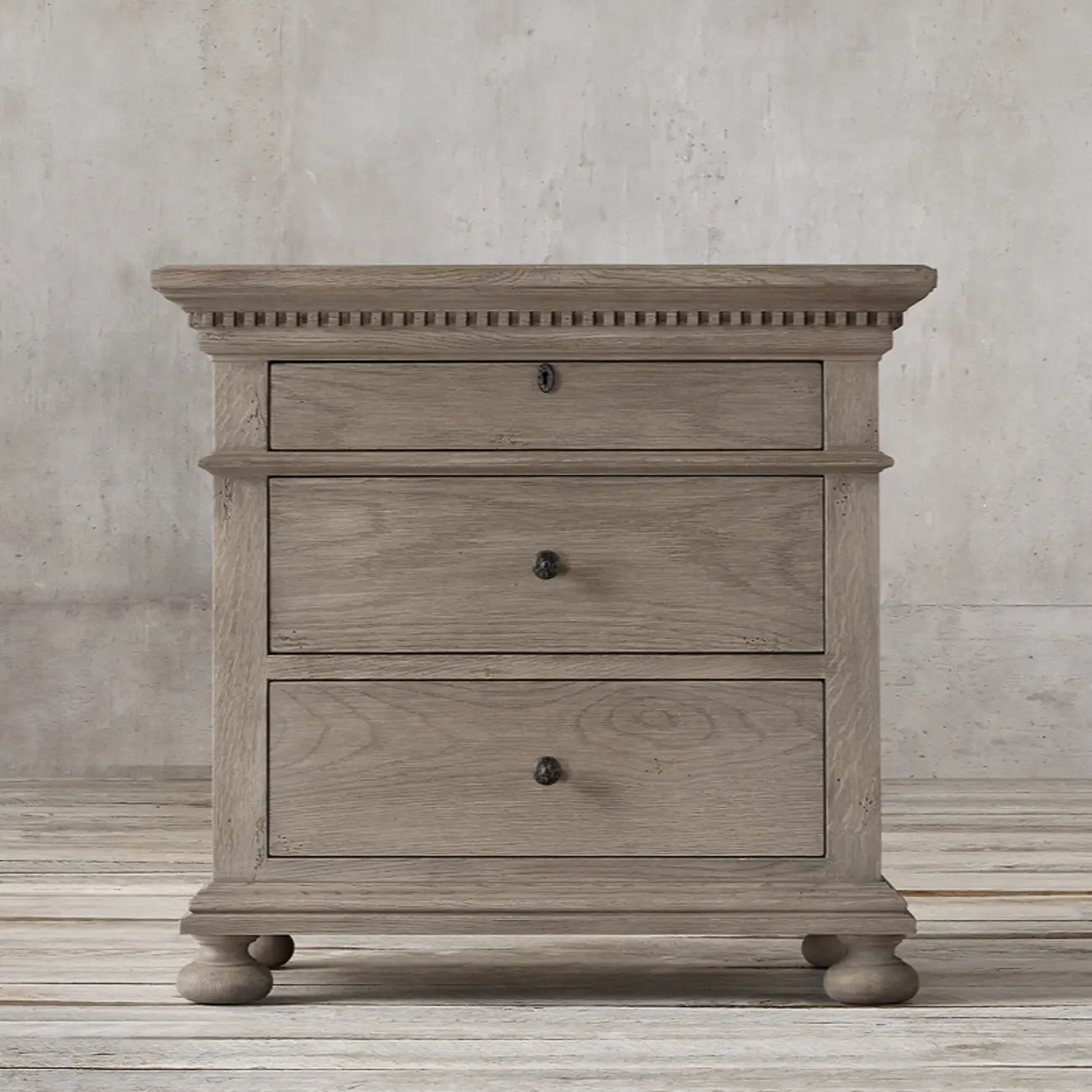 Traditional Grey Wooden Bedside Table with 3 Drawers Storage Image - 2 | homeyfad