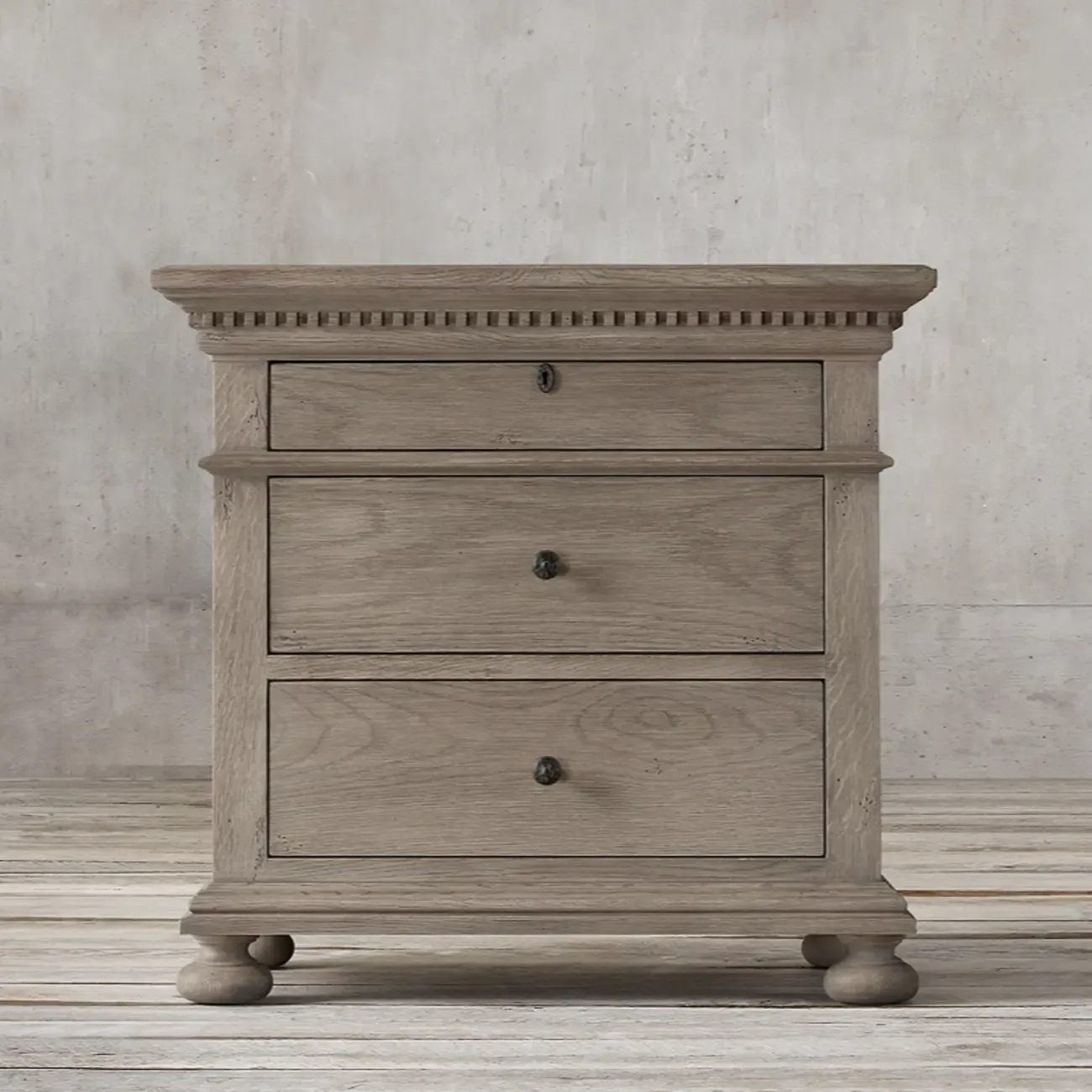 Traditional Grey Wooden Bedside Table with 3 Drawers Storage Image - 2