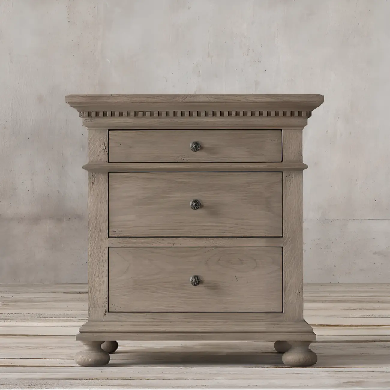 Traditional Grey Wooden Bedside Table with 3 Drawers Storage Image - 3 | homeyfad